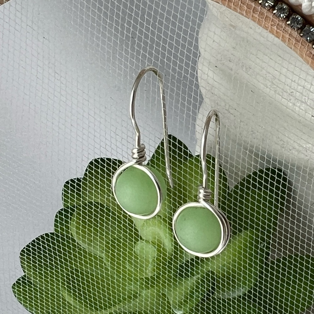 Green Sea Glass Minimalist Wire Wrapped Earrings - Picture 2 of 12